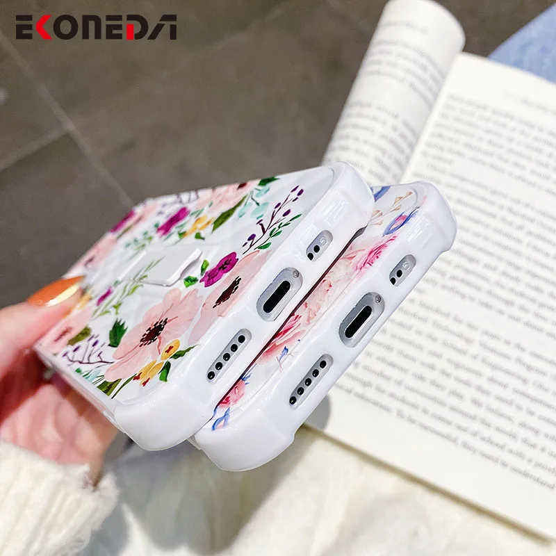 

EKONEDA Invisible Phone Holder Case For iPhone 11 12 Pro XS Max XR X 7 8 Plus Protective Case Silicone Floral Leaf Stand Cover