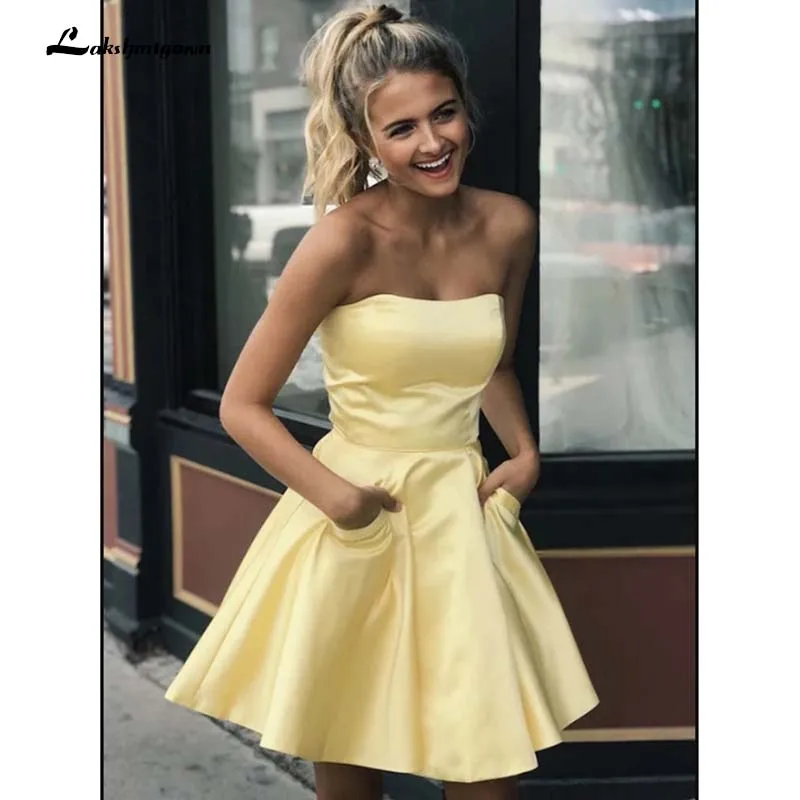 

Cute yellow satin short prom dress party dress homecoming dress vestido de festa dresses woman party night vestidos de gala