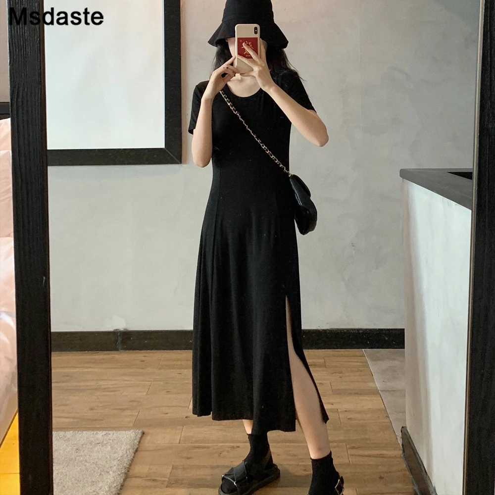 

Женское длинное платье-трапеция, из 100% хлопка, с круглым вырезом и коротким рукавом, летнее, до середины икры, повседневное, черное, сексуаль...