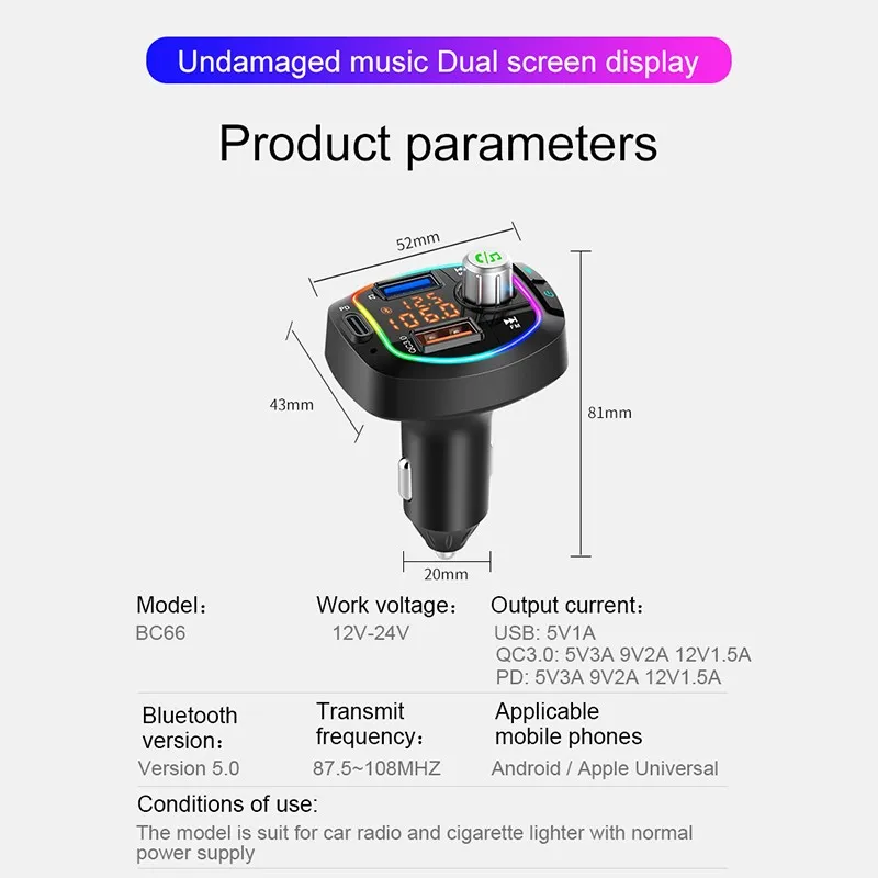 

Dual USB Charger PD + QC3.0 Charger Bluetooth 5.0 FM Transmitter Car Mp3 Player With DSP A2DP Mode Colorful Light Support U Disk