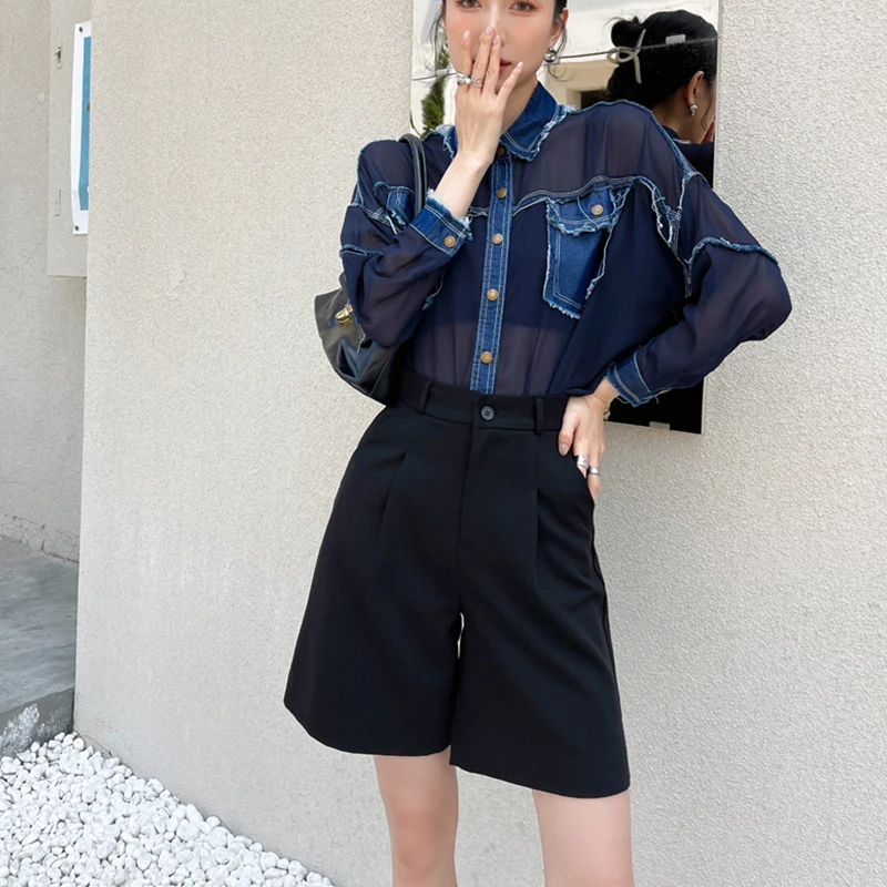 

Women's Hollow Out Mesh Denim Patchwork Sexy Blouse 2021 Summer New Fashion Streetwear Lapel Long Sleeve Female Casual Shirts