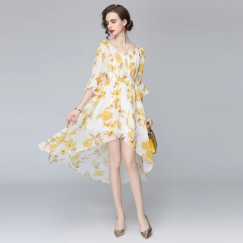 

Merchall 2021 Boho Summer Ruffle Irregular Long Dress Women Flare Sleeve Slash Neck Floral Print Holiday Chiffon Vestido M61545
