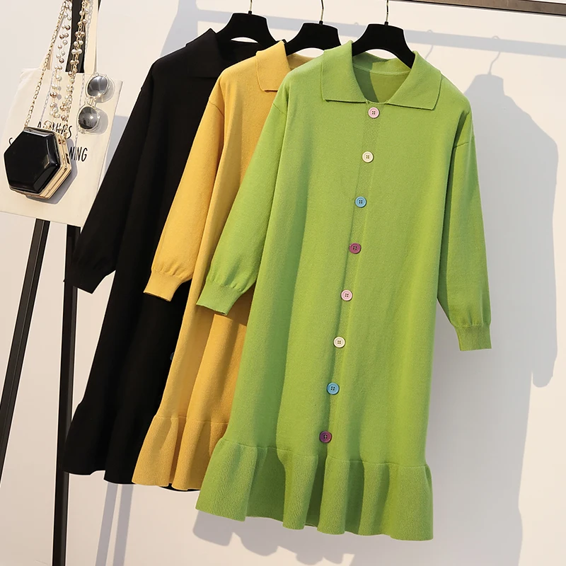 XL-XXXL размера плюс женское вязаное платье-свитер осень зима модное однобортное Повседневное платье с длинным рукавом и рюшами
