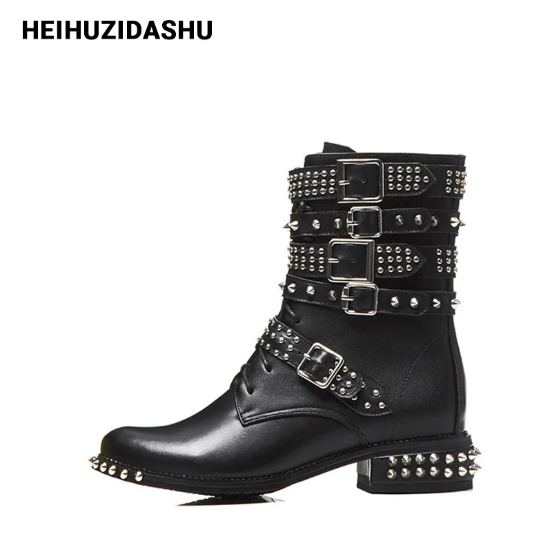 Женские ботинки из натуральной кожи с заклепками повседневные в стиле панк