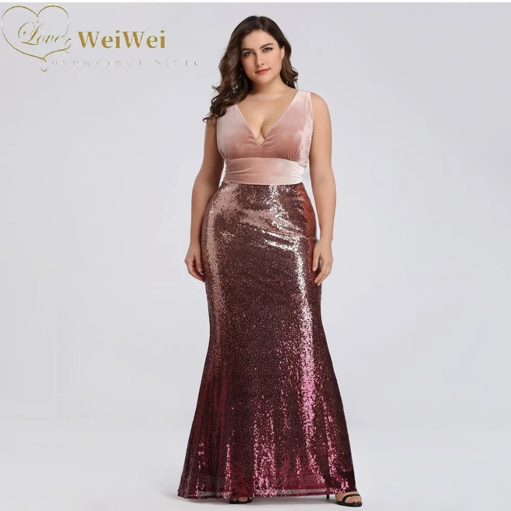 

Pink Plus Size Mermaid Evening Dresses Sexy V-Neck Sleeveless Ankle Length Backless Sequin Prom Gowns Robes De Soirée فساتين الس