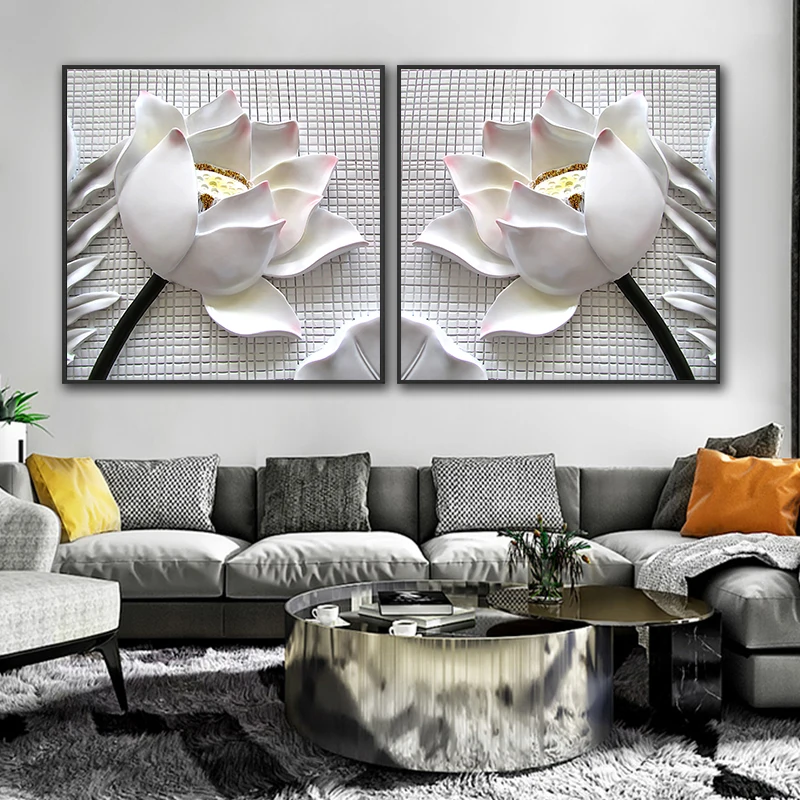 Marble lotus canvas painting Relief style Decorative paintings for bed room wall decor printing picture no frame
