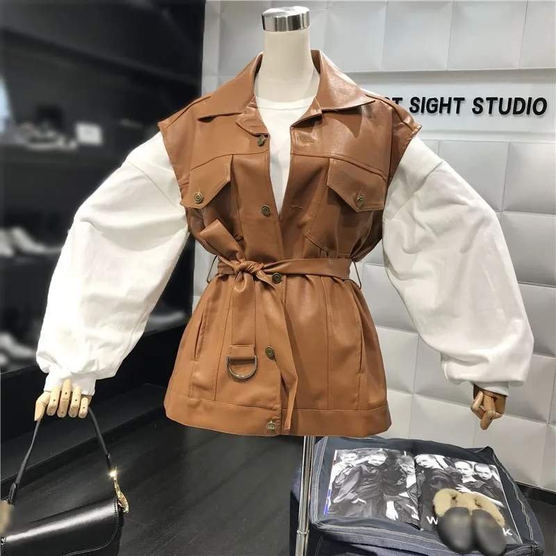 Женский Байкерский жилет черный из искусственной кожи на кнопках без рукавов