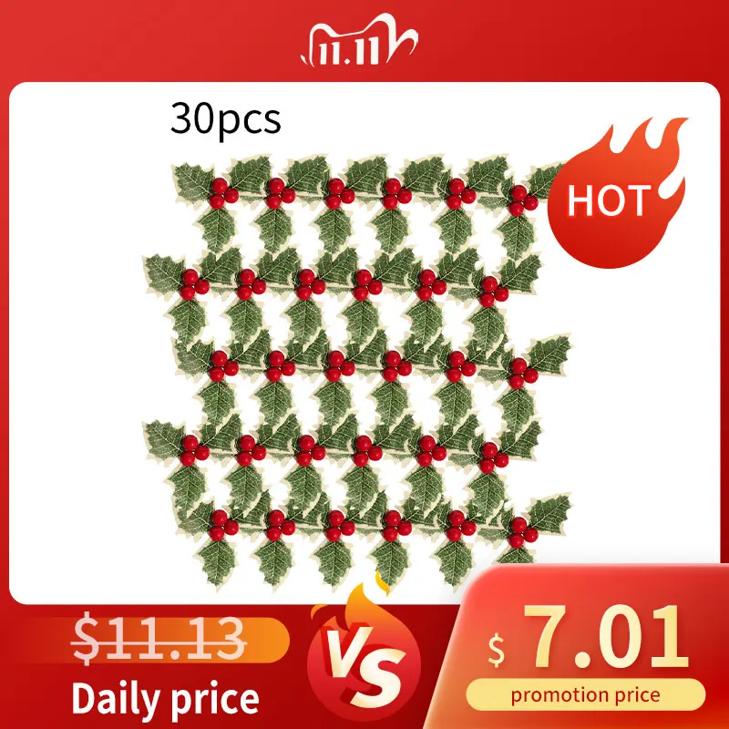 

30PCS Christmas Artificial Holly Berry With Green Leaves DIY Wreath Arrangement Bouquets Home Wedding Party Craft Art Decoration
