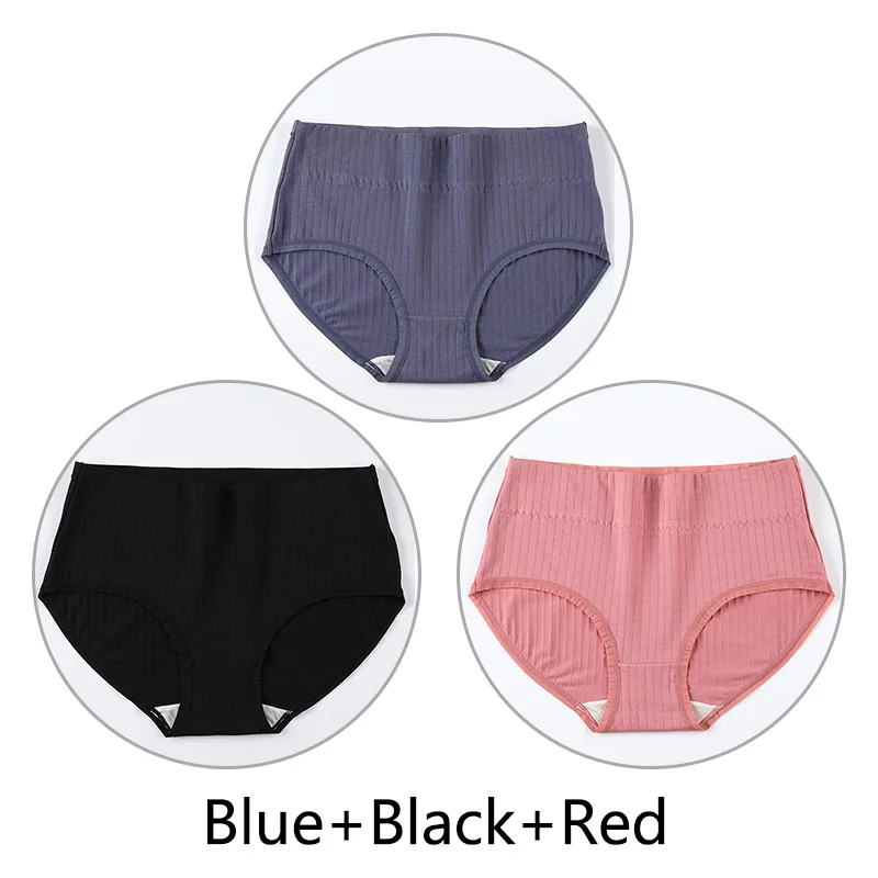 Blue Black Red 3 шт. Трусики с высокой талией женские Натуральные Шелковые антибактериальные промежности 4XL Большие размеры трусы мягкие дышащие размер плюс нижнее белье бесшовные - Цвет: Blue Black Red