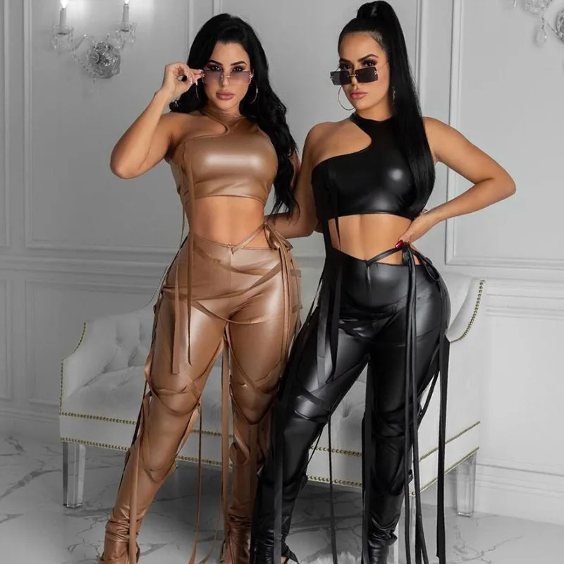 

Ribbons Faux Leather Solid Flare Pants Women 2021 Fashion Aesthetic Streetwear Side Slit Mid Waist Trousers