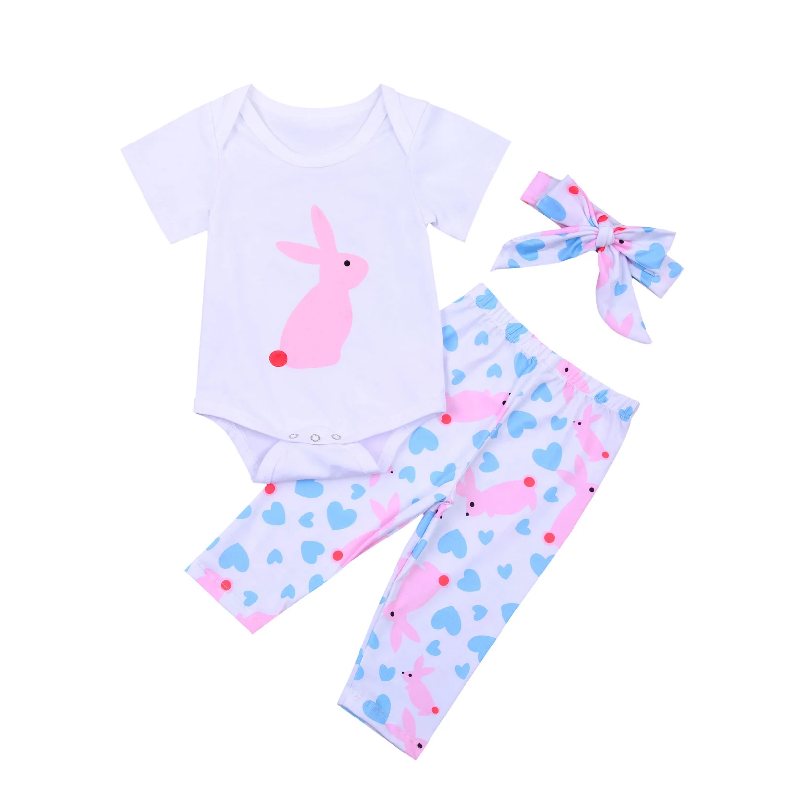 

pudcoco Baby 2021 Summer Clothing 3pcs Newborn Baby Girl Infant Bunny Clothes Romper Tops Pants Headband Easter Outfits Set