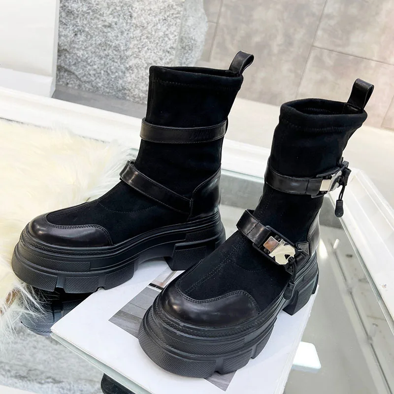 

Autumn New Stretch Fabric Slip-On Short Boots Genuine Leather Thick Bottom Height Increasing Martin Boots Belt Buckle Muffine