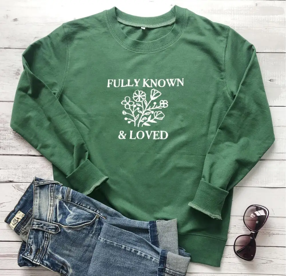 

Fully Known and Loved Slogan Sweatshirt Casual Stylish Flower Bible Baptism Young Vintage Pullover Graphic Hoodies Tops