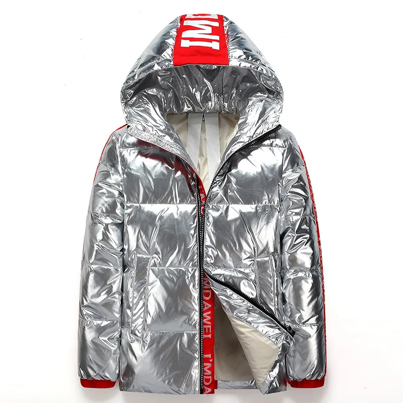 2021New Couple White Duck Down Jacket Short Letter Silver Shiny Men's And Women's Hooded Thick Loose Down Jacket Men's Clothes