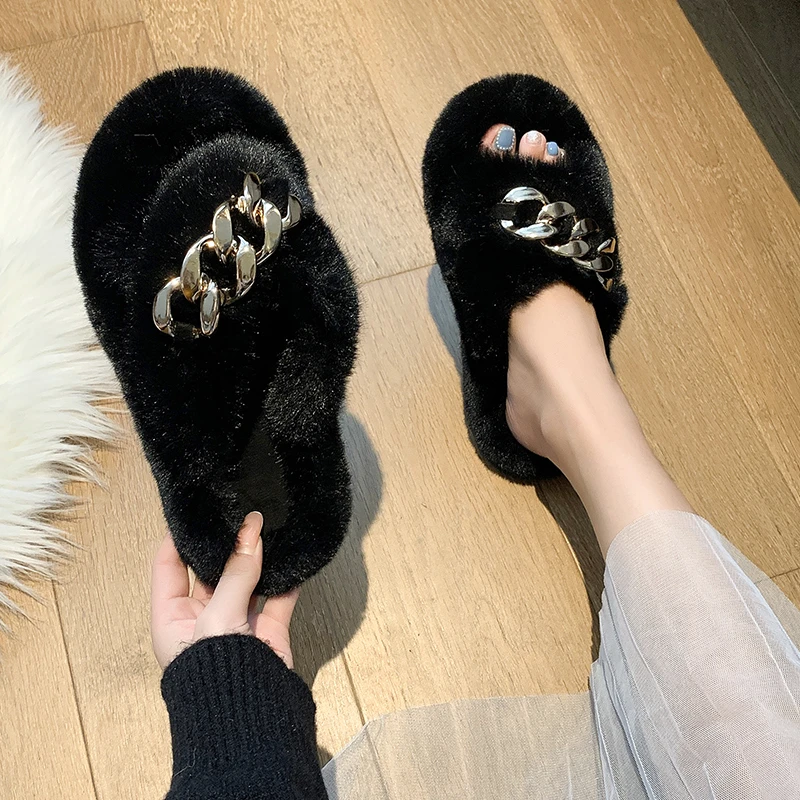 

2021 Indoor Non-slip Slippers Fashion Chain Decorate Furry Shoes Winter Cotton Slipper Women's Plush Warm Winter Indoors Slides