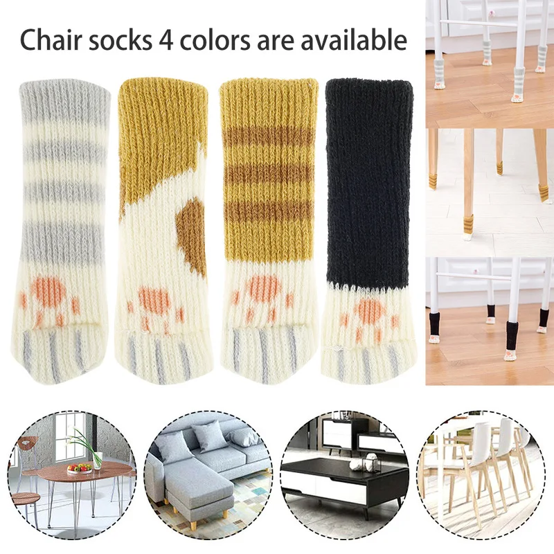 

4Pcs Cat Paw Table Foot socks Chair Leg Covers Floor Protectors Non-Slip Knitting Socks For Furniture Cartoon Home Decor