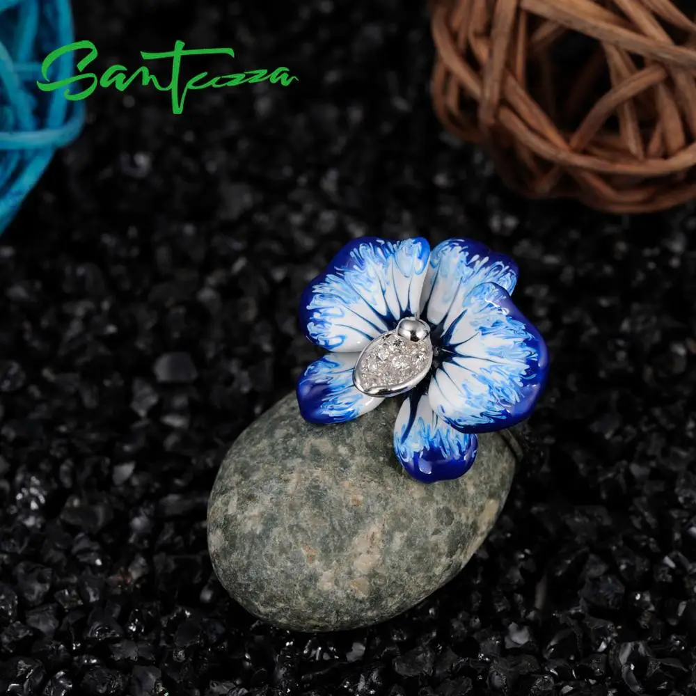 Серебряное кольцо для женщин SANTUZZA, 925 пробы, серебряное, фиолетовое, Цветущий цветок, кольцо с кубическим цирконием, вечерние, шикарные ювелирные изделия ручной работы, эмаль