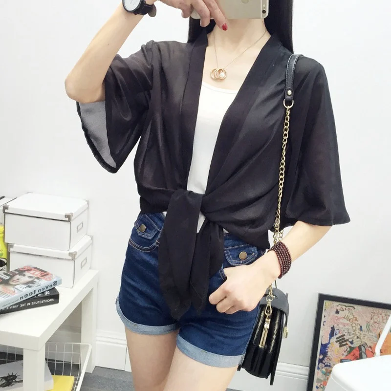 Chiffon Kimono Cardigan Casual Half Sleeve Loose Black Women Blouses Shirts Plus Size Summer Women Tops Outerwear F