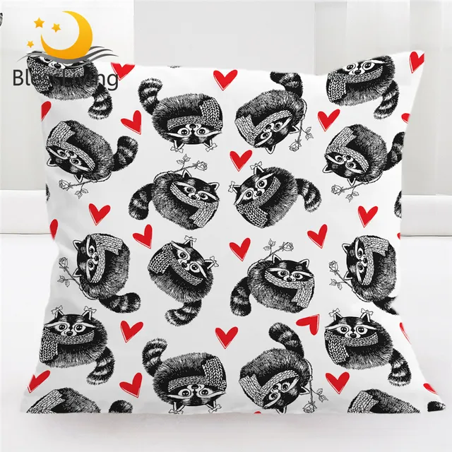 BlessLiving Cute Raccoon Pillow Cover Red Heart Cushion Covers Cartoon Decorative Pillow Case Animal with Scarf Kussenhoes 1pc 1