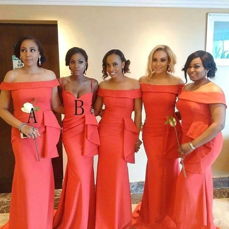 

African Arabic Coral Mermaid Bridesmaid Dresses Portrait Neck Floor Length Prom Dress Plus Size Wedding Guest свадебное платье