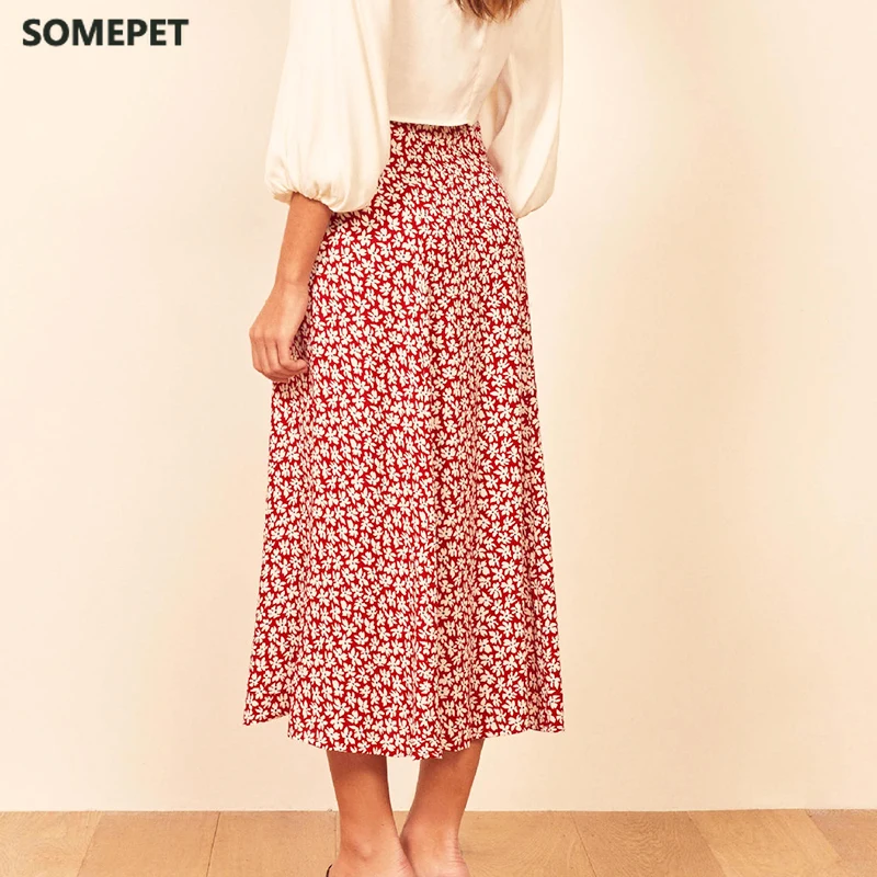

Fashion vintage skirt 2021 flower polka dot print high waist stretch split long A-line skirts for women beach maxi skirt