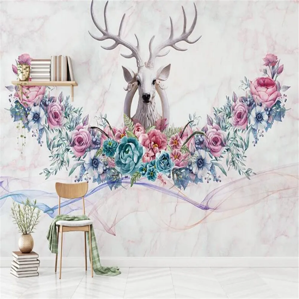 

milofi custom wallpaper mural 3D Nordic hand-painted flowers stereo elk TV background wall