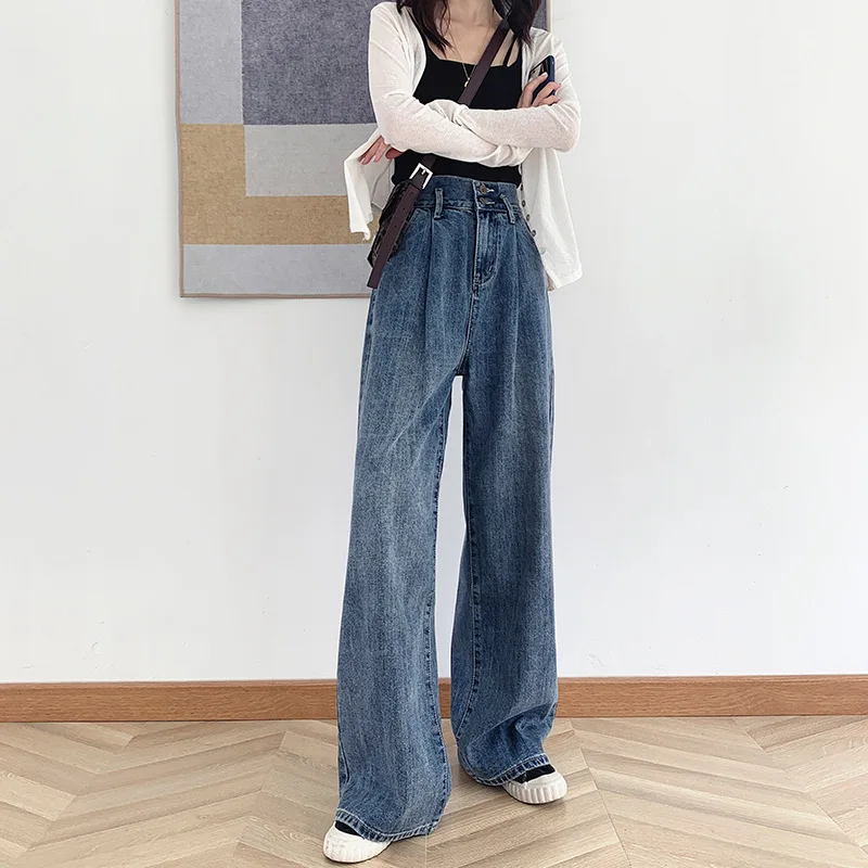 

New High Waist Straight Jeans Women Retro Loose Lengthen Wide Leg Denim Trousers Harajuku Drop Spring Femme All-match Pants 2022