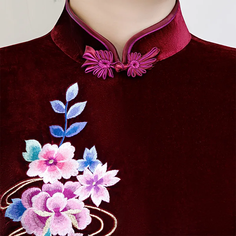 Бархат Китайский стиль сексуальная леди Qipao вышивка элегантный тонкий