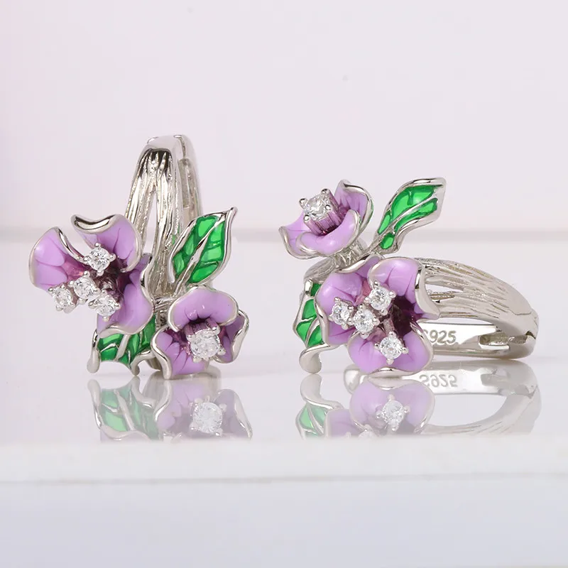 100% 925 пробы серебряные модные эмалированные Клипсы Серьги для женщин цветок