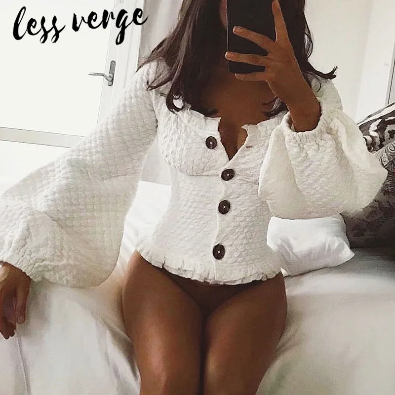 Lessverge винтажный буф рукав рюшами осень зима блузка рубашка женская тонкая wram