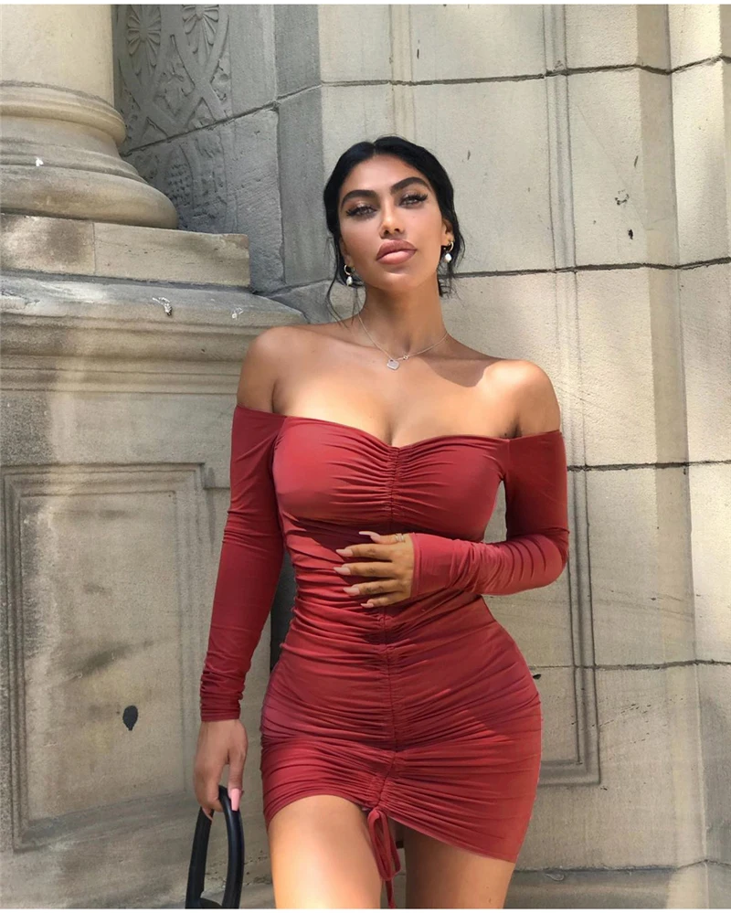 Невозьму 2 слоя осеннее платье Для женщин с открытыми плечами Drawstring Ruched Bodycon платье женские вечерние Клубные пикантные зимнее платье