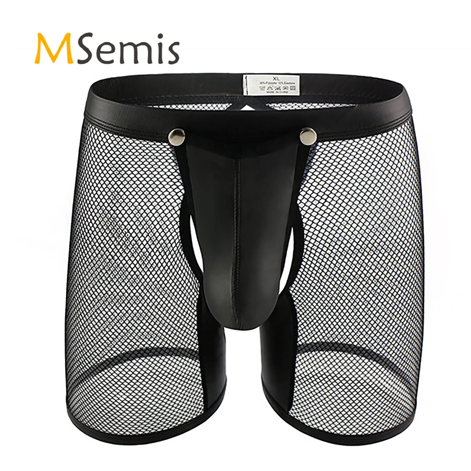 Mens Lingerie See-through Mesh Underwear Open Butt Boxer Briefs Low Rise Removable Bulge Pouch Faux Leather Patchwork Shorts