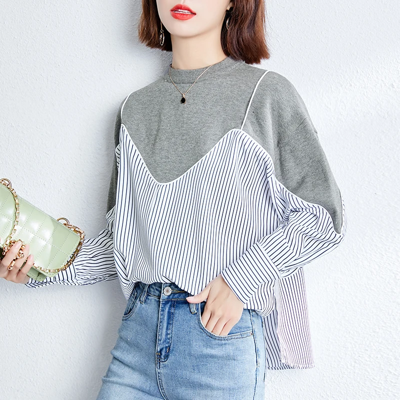 

Chikichi 2021 Spring New Striped Shirt Women's Long-sleeved Loose Fake Two-piece Splicing Top Is Sweet and Comfortable