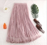 beading tulle velvet skirt women 2019 spring elegant long maxi skirt female high waist pleated girls skirt pink pleated skirt
