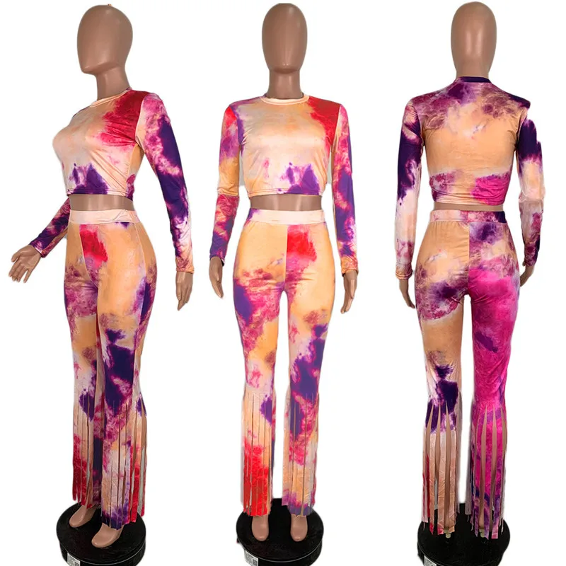 Комплект из двух предметов с принтом Galaxy Tie Dye Женский свитшот и брюки бахромой