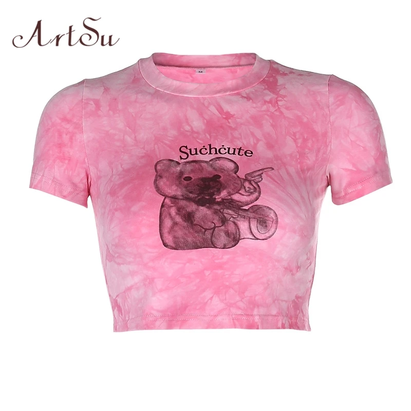 Женские розовые футболки с принтом Artsu милый галстук дизайном Медведь футболка