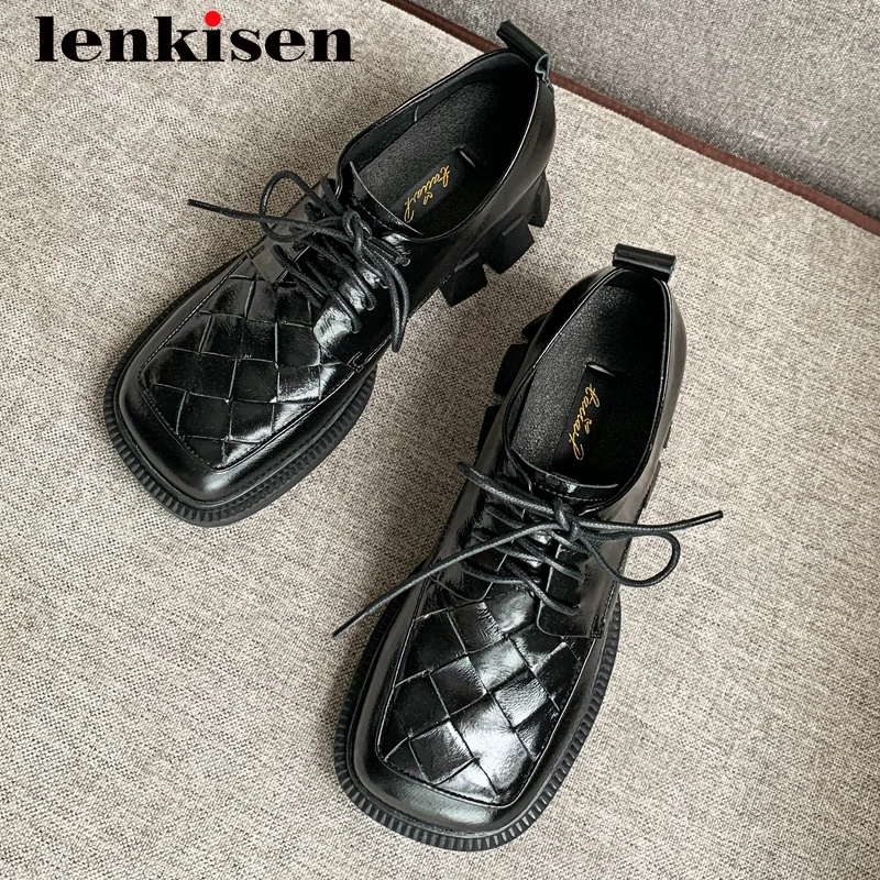 

Lenkisen new arrival british school genuine leather classics square toe thick high heel lace up gorgeous fashion women pumps L11