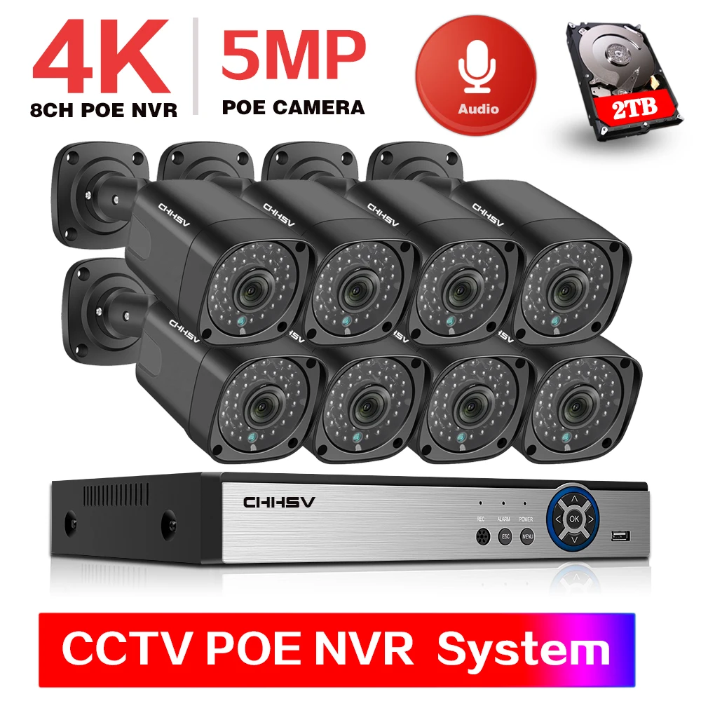 

4CH.265 8CH 5MP POE Security Camera System Kit 8PCS 5MP HD IP Camera Outdoor Waterproof CCTV Video Surveillance NVR Set 2TB