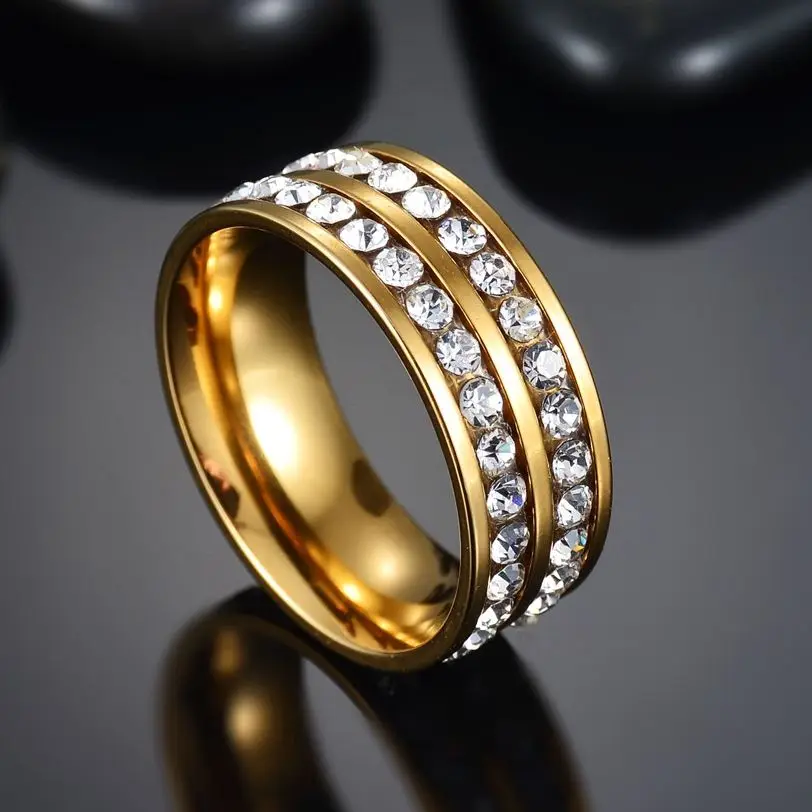 Модное Золотое кольцо для мужчин 8 мм ширина 2 ряда черный кристалл 316L из