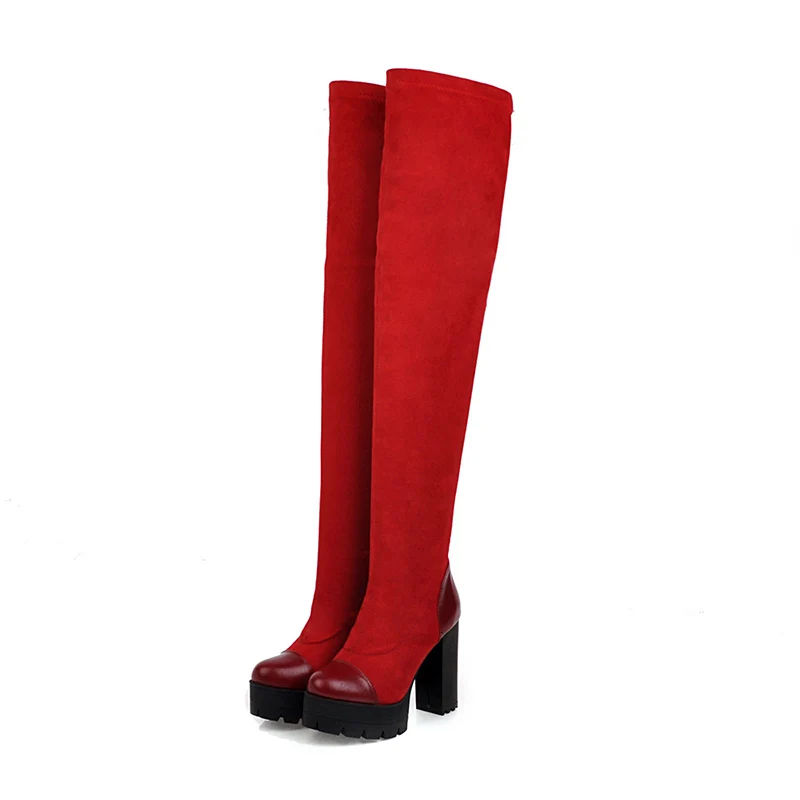 WETKISS Platform High Heels Boots Women Thigh High Boot Female Stitching Shoes Lady Round Toe Stretch Shoes Winter Plus Size 48