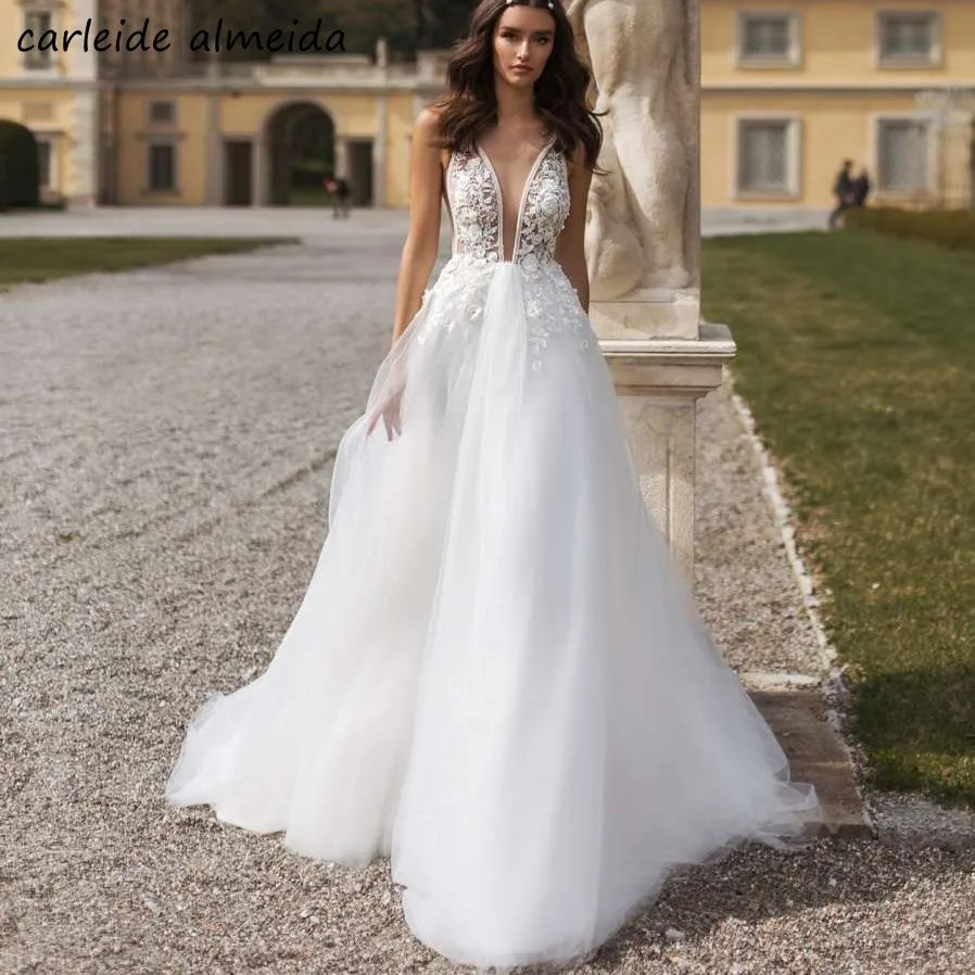 A Line v образным вырезом Бохо свадебное платье Кружева Аппликации сексуальное