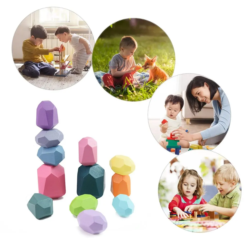 

12 Pcs/set Wooden Colored Stone Stacking Toys Children's Balance Building Blocks Educational Toy Decoration