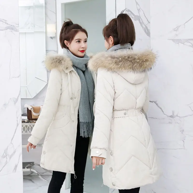 

Big wool collar cotton wool 2019 winter new Korean version of the fashion waist medium long cotton clothing ladies slim clothing