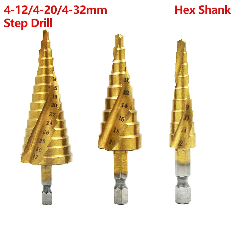 3pcs Hex shank LX Hss титановые спиральные рифленые ступенчатые сверла 4-12/4-20/4-32 мм ступенчатые конусные режущие инструменты стальные деревообрабатывающие металлические сверла - Цвет: 3pcs Hex shank LX
