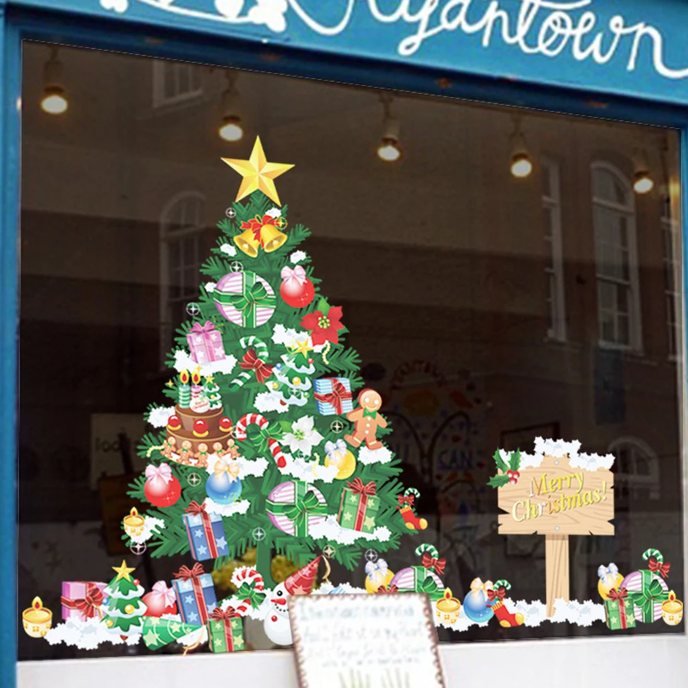 

Рождественская Настенная Наклейка s, двухсторонняя статическая наклейка, Санта-Клаус, елка, Рождественская елка, окно, снежинки, новогодняя ...