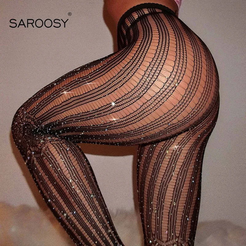 SAROOSY, сексуальные, стразы, ажурные колготки для женщин, высокая талия, в полоску, колготки, сексуальные, кружевные, эластичные чулки,, новое поступление