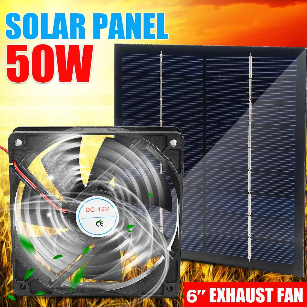 

50W Solar Exhaust Fan 6 Inch 12V Mini Ventilator Solar Panel Powered Fan Air Extractor for Dog Chicken House Greenhouse Boat RV