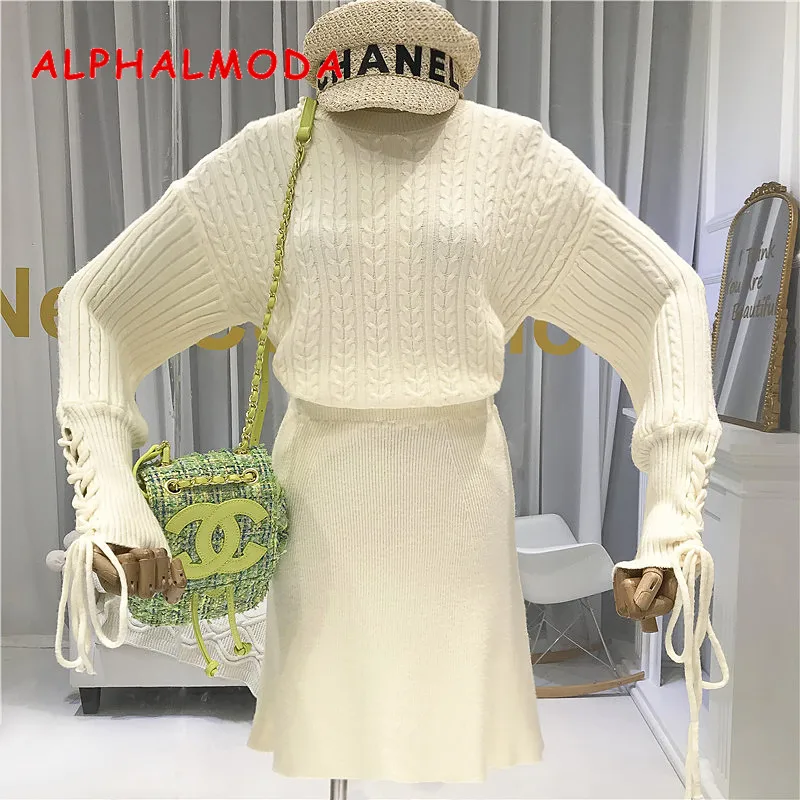 ALPHALMODA осень 2019 Новый твист вязаный свитер + Модная высокая талия прямая юбка