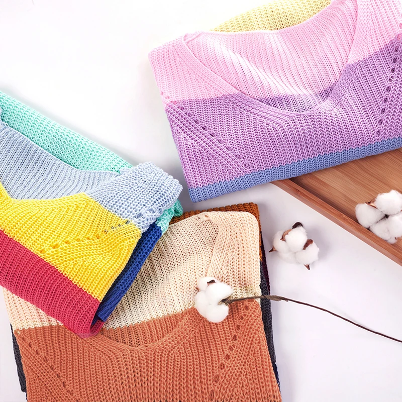 

Striped Rainbow Sweater Women V Nevk Long Sleeve Casual Loose Winter Autumn Knitted Pullovers Off Shoulder Sexy Female Jumper