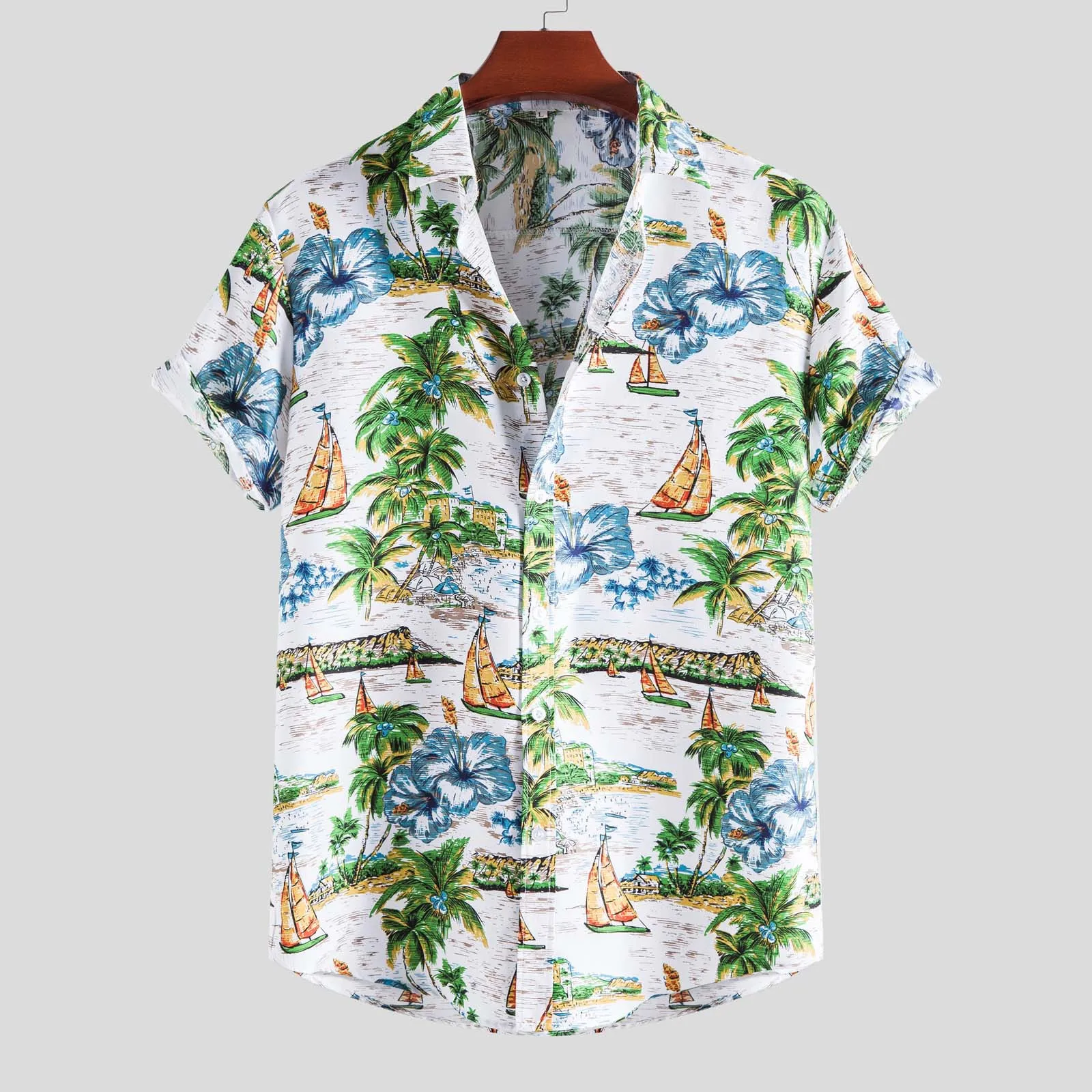 

55# Fashion Shirts Men's Summer Casual Printed Short Sleeve Top Blouse Shirts Loose Plus Size Holiday Beach Shirts Men Clothing